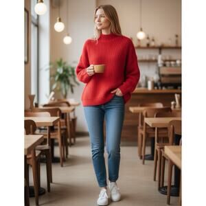 GAP Shaker Stitch Turtleneck Sweater Red Fisherman Chunky Knit Sz Large Holiday